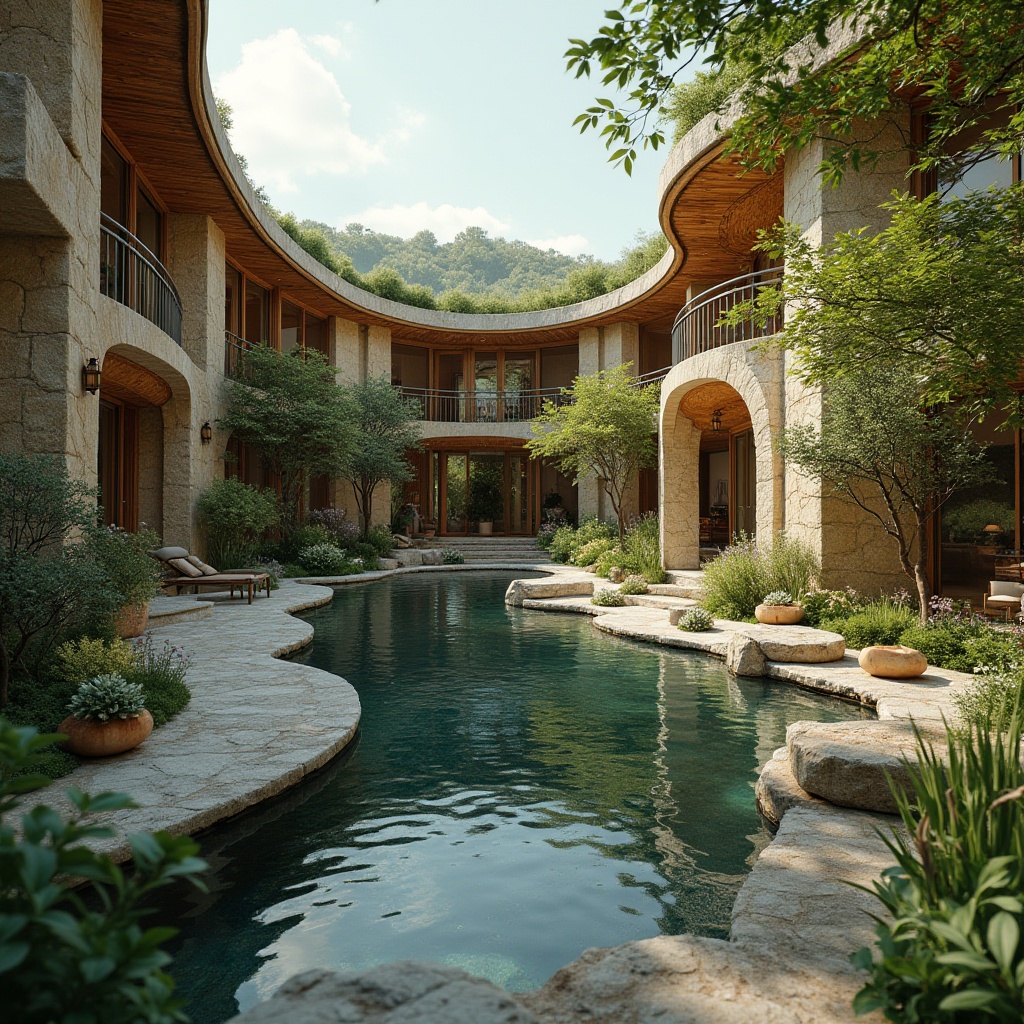 Prompt: Harmonious building facade, curved lines, natural materials, blending with surroundings, lush greenery, blooming flowers, serene water features, rustic stone walls, wooden accents, earthy color palette, warm soft lighting, shallow depth of field, 1/1 composition, realistic textures, ambient occlusion.