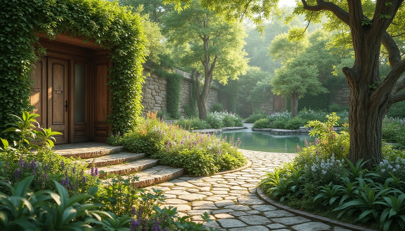 Prompt: Lush greenery, natural stone walls, serene water features, vibrant flowers, majestic trees, meandering pathways, rustic wooden benches, eco-friendly materials, sustainable irrigation systems, organic fertilizers, blooming gardens, sunny day, soft warm lighting, shallow depth of field, 3/4 composition, panoramic view, realistic textures, ambient occlusion.