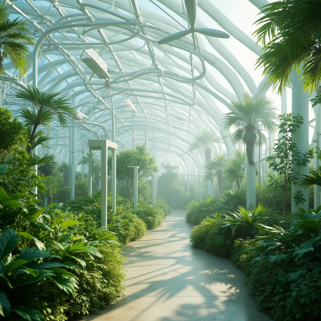 Prompt: Futuristic greenhouse, curved glass surfaces, hydroponic systems, lush greenery, vibrant tropical plants, misting irrigation, solar panels, wind turbines, sustainable energy harvesting, recycled materials, translucent polycarbonate walls, organic shapes, minimal framework, advanced climate control, soft natural lighting, ambient occlusion, shallow depth of field, 3/4 composition, panoramic view, realistic textures.