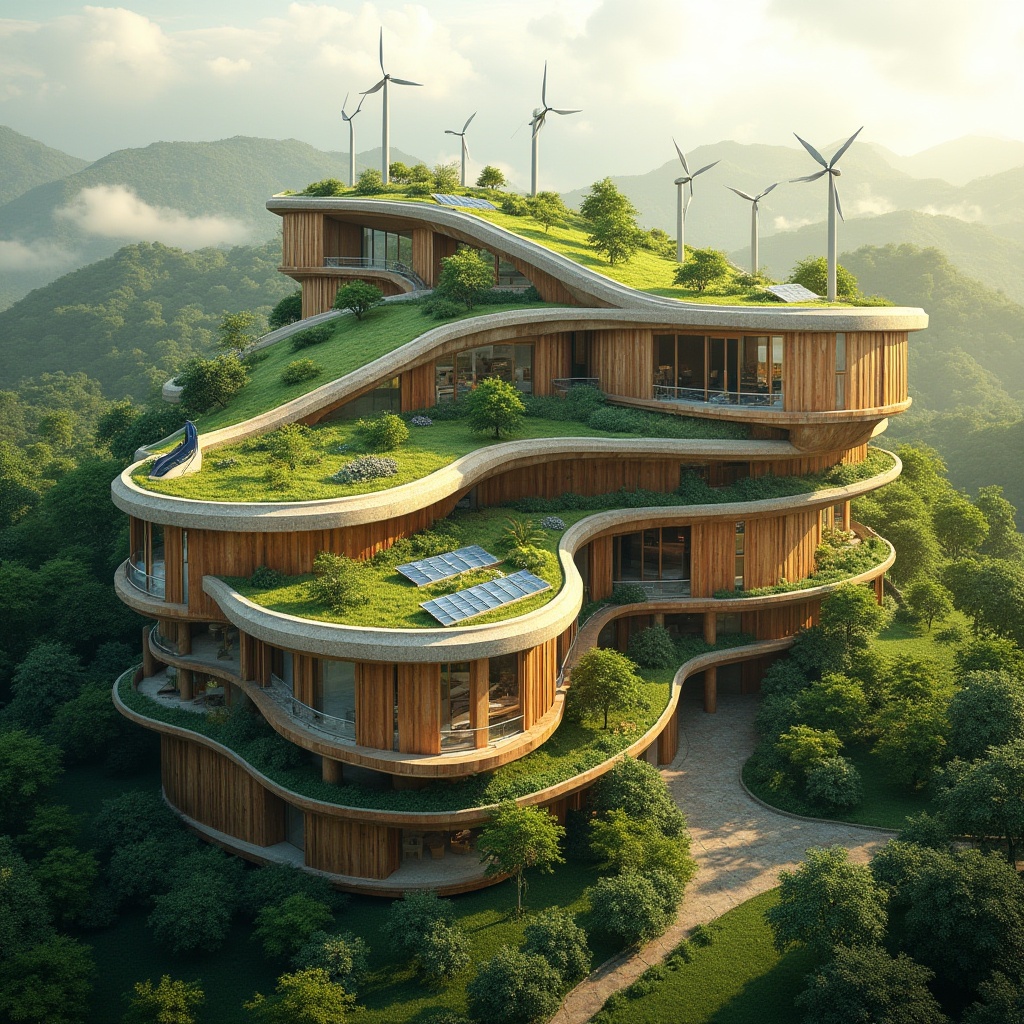 Prompt: Eco-friendly building integration, lush green roofs, solar panels, wind turbines, rainwater harvesting systems, green walls, recycled materials, natural ventilation systems, maximized daylight, minimal carbon footprint, modern sustainable architecture, curved lines, organic shapes, earthy tones, serene atmosphere, warm natural lighting, shallow depth of field, 3/4 composition, panoramic view, realistic textures, ambient occlusion.