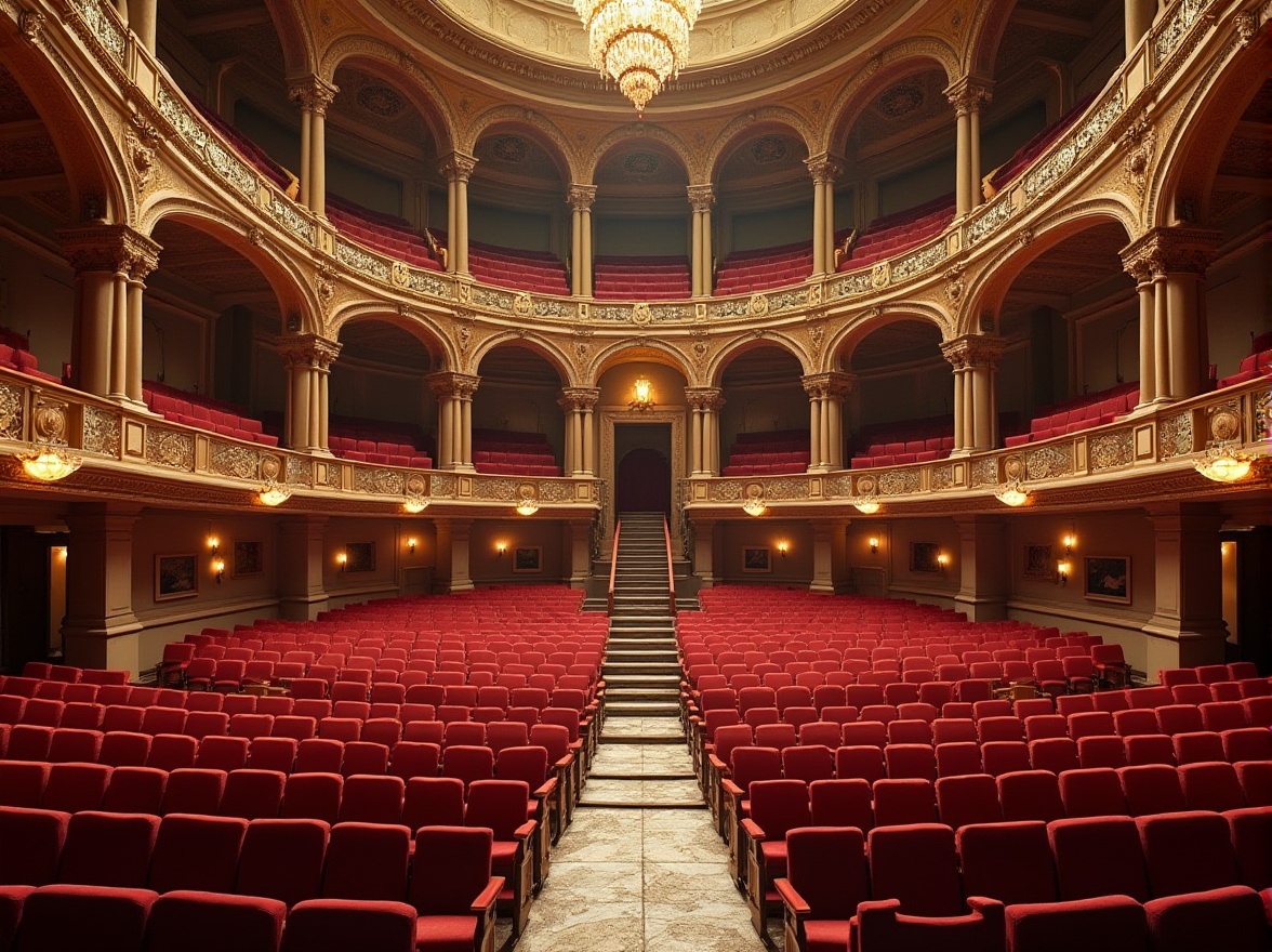 Prompt: Grand amphitheater, Romanesque arches, ornate columns, curved seating arrangement, vibrant red velvet chairs, golden accents, intricate mosaics, natural stone flooring, elegant staircases, grandiose chandeliers, soft warm lighting, dramatic shadows, 3/4 composition, symmetrical framing, cinematic atmosphere, realistic textures, ambient occlusion.