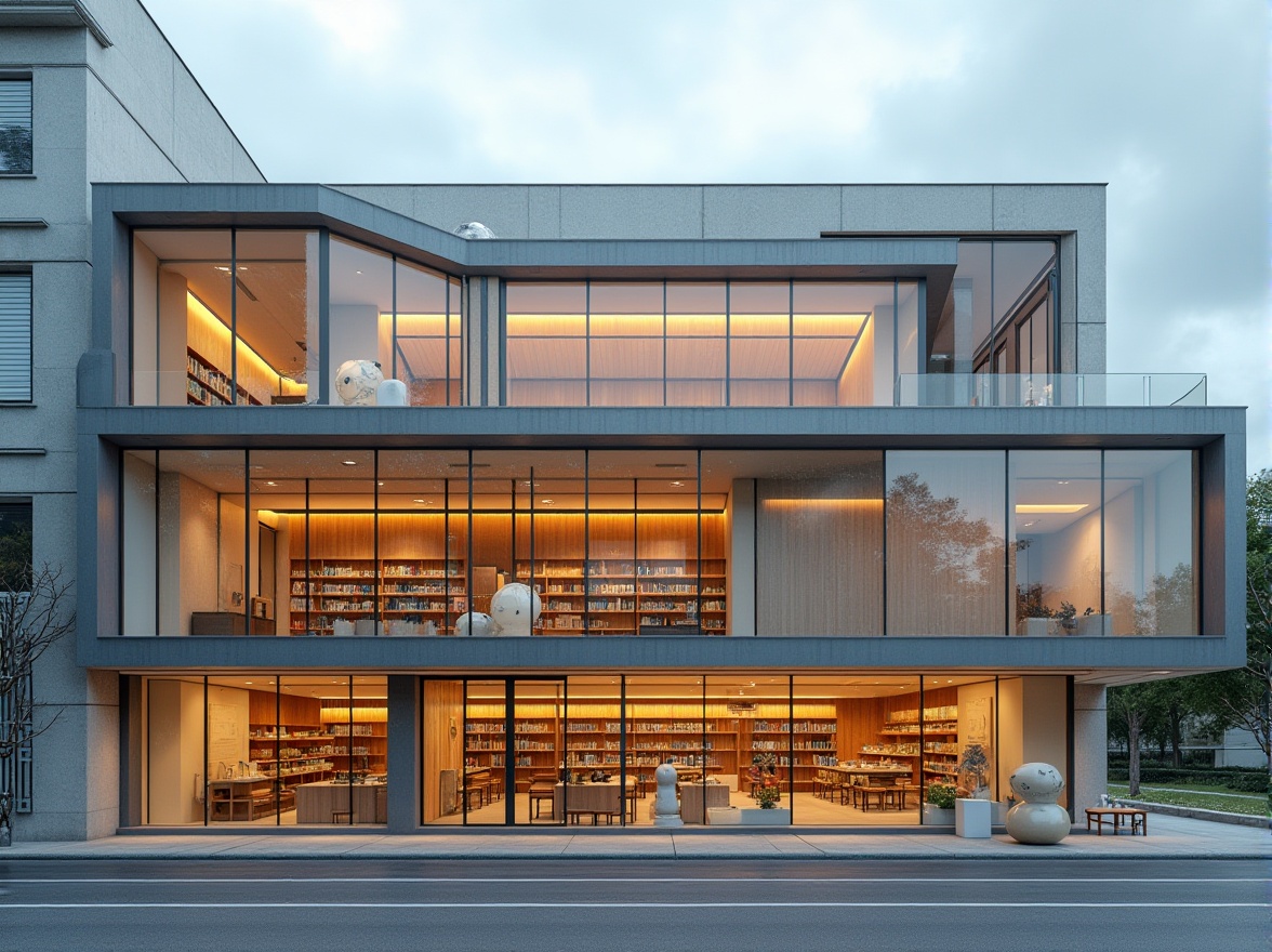 Prompt: Modern library facade, large glass windows, minimalist architecture, clean lines, neutral color palette, cantilevered roofs, open reading areas, natural stone walls, wooden accents, metal frames, LED lighting systems, abstract sculptures, urban cityscape, cloudy sky, soft box lighting, 1/1 composition, high contrast, realistic materials, subtle texture details.