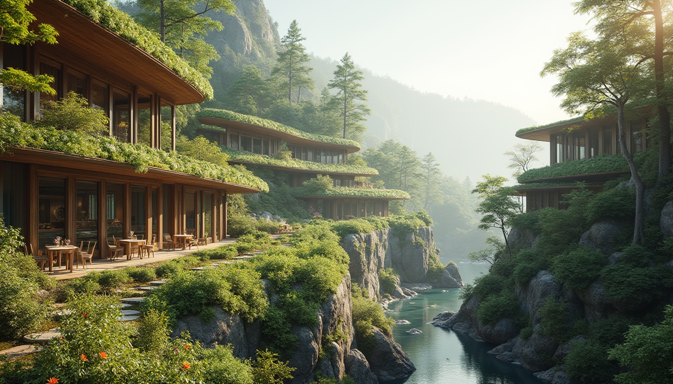 Prompt: Harmonious landscape integration, curved green roofs, lush vegetation, natural stone walls, wooden accents, cantilevered structures, large overhangs, panoramic views, serene water features, meandering pathways, rustic benches, native plant species, vibrant wildflowers, warm sunlight, soft misty atmosphere, 1/1 composition, subtle depth of field, realistic textures, ambient occlusion.