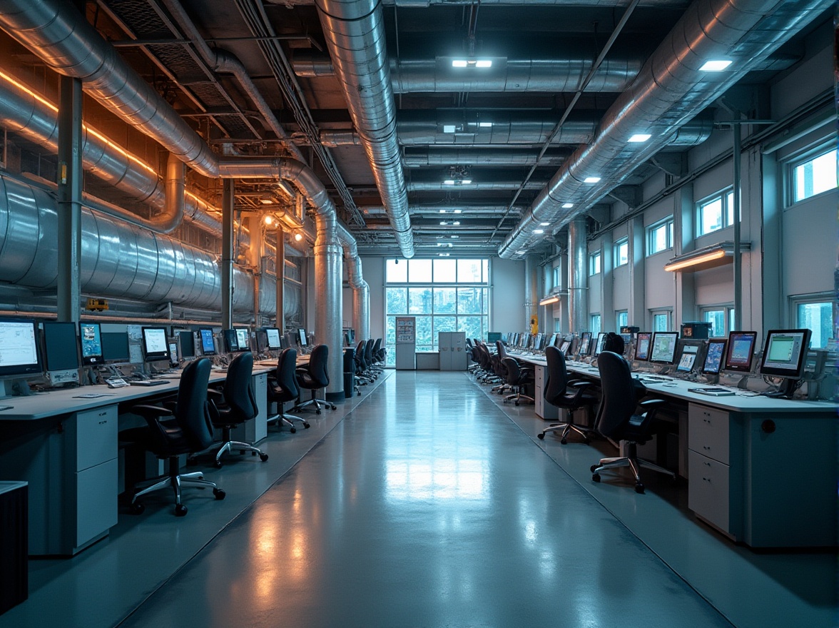 Prompt: Industrial energy plant, modern architecture, exposed ductwork, metallic pipes, concrete flooring, sleek machinery, control room stations, monitoring systems, LED lighting, bright overhead lamps, warm color temperatures, high ceilings, large windows, natural daylight, dramatic shadows, 1/1 composition, realistic reflections, ambient occlusion, soft focus, shallow depth of field.