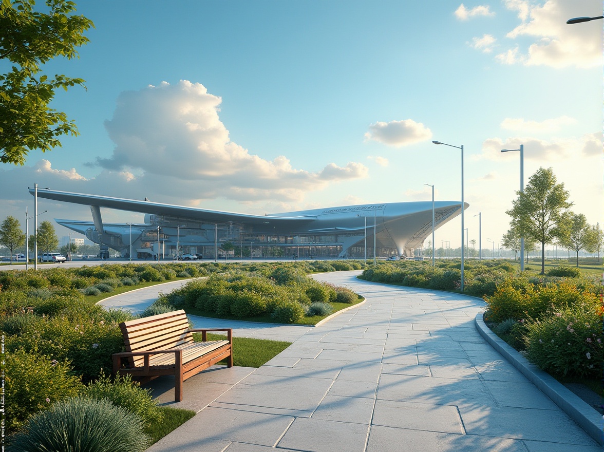 Prompt: Aerodynamic airport terminal, sleek modern architecture, lush greenery, vibrant flowers, natural stone pathways, industrial metal benches, minimalist streetlights, urban cityscape, clear blue skies, dramatic cloud formations, warm sunny day, shallow depth of field, 3/4 composition, panoramic view, realistic textures, ambient occlusion, sparse tree plantations, low-maintenance groundcovers, modern sculptures, abstract art installations, dynamic water features, sound-absorbing materials, acoustic comfort zones.