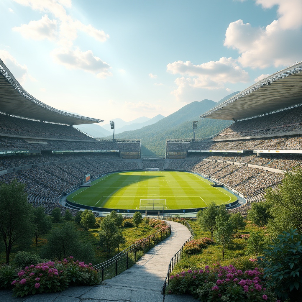 Prompt: Panoramic stadium views, rolling hills, lush greenery, natural stone retaining walls, curved walkways, transparent glass fa\u00e7ades, modern angular architecture, cantilevered rooflines, sleek metal railings, integrated landscaping, tiered seating, vibrant colorful accents, sunny day, soft warm lighting, shallow depth of field, 3/4 composition, realistic textures, ambient occlusion.