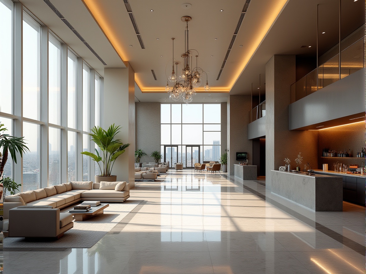 Prompt: Simple luxury hotel lobby, monochromatic color scheme, sleek lines, minimal ornamentation, polished marble floors, modern chandeliers, comfortable sofas, geometric-shaped coffee tables, large windows, natural light, urban cityscape views, 1/1 composition, shallow depth of field, soft warm lighting, realistic textures, ambient occlusion.