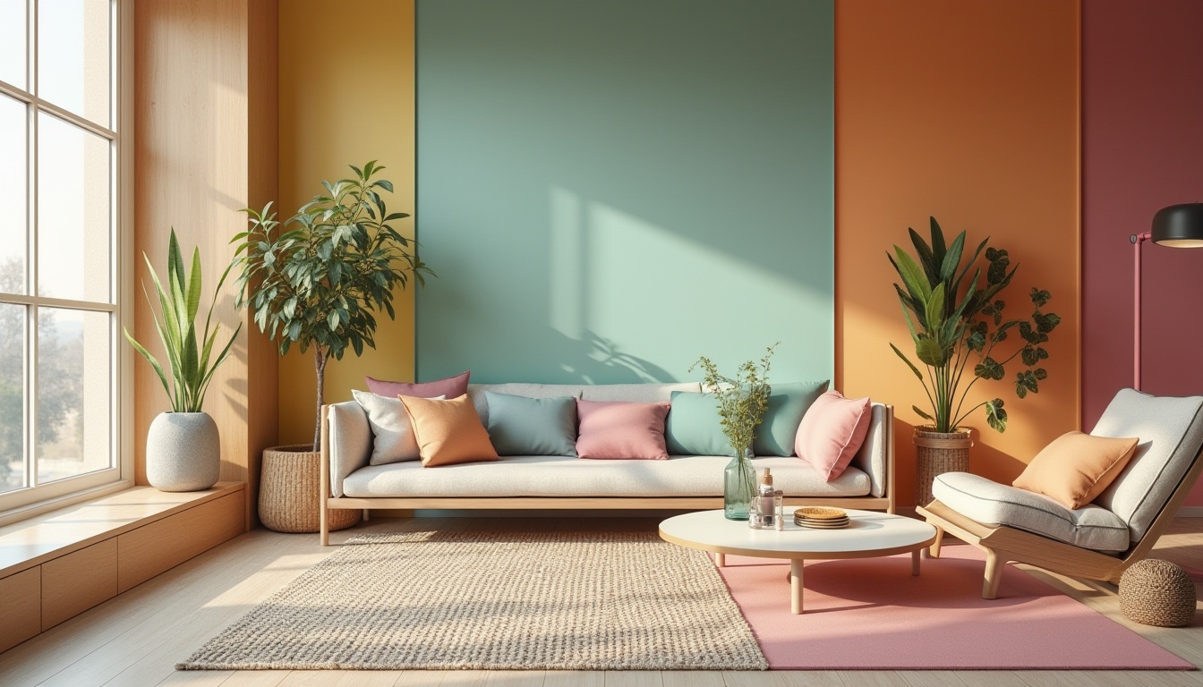 Prompt: Vibrant modern interior design, eclectic color scheme, bold accent walls, pastel hues, rich wood tones, metallic accents, soft natural light, airy open spaces, minimalist decor, Scandinavian-inspired furniture, plush throw pillows, woven textiles, subtle gradient effects, 3D visualization, realistic rendering, atmospheric lighting, high-contrast colors.