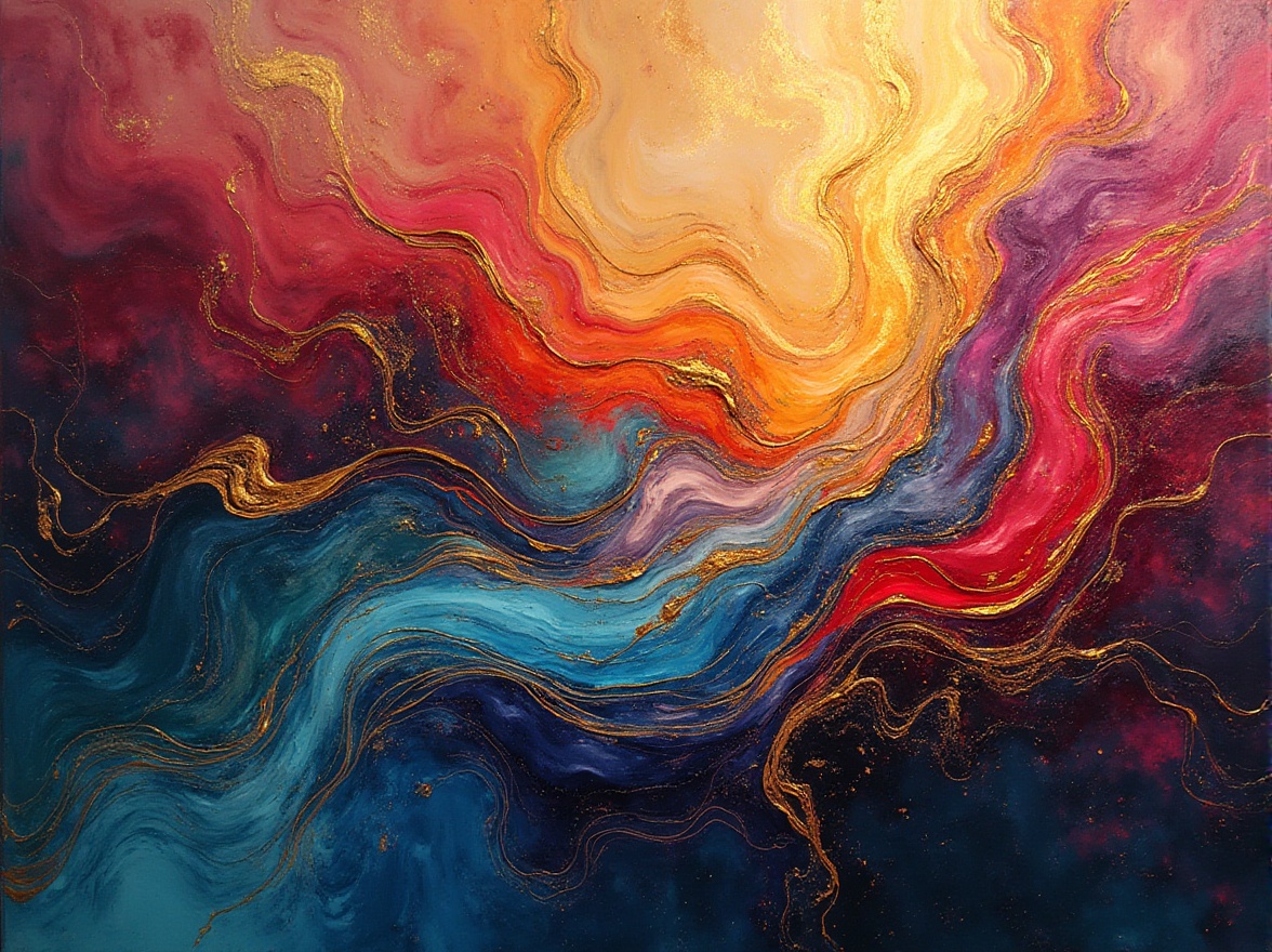 Prompt: Vibrant abstract art, mesmerizing swirls, rich jewel tones, iridescent hues, shimmering metallic accents, bold brushstrokes, textured canvases, expressive splatters, dynamic color blocking, warm golden lighting, soft focus, atmospheric perspective, 1/1 composition, realistic renderings, detailed textures, ambient occlusion.