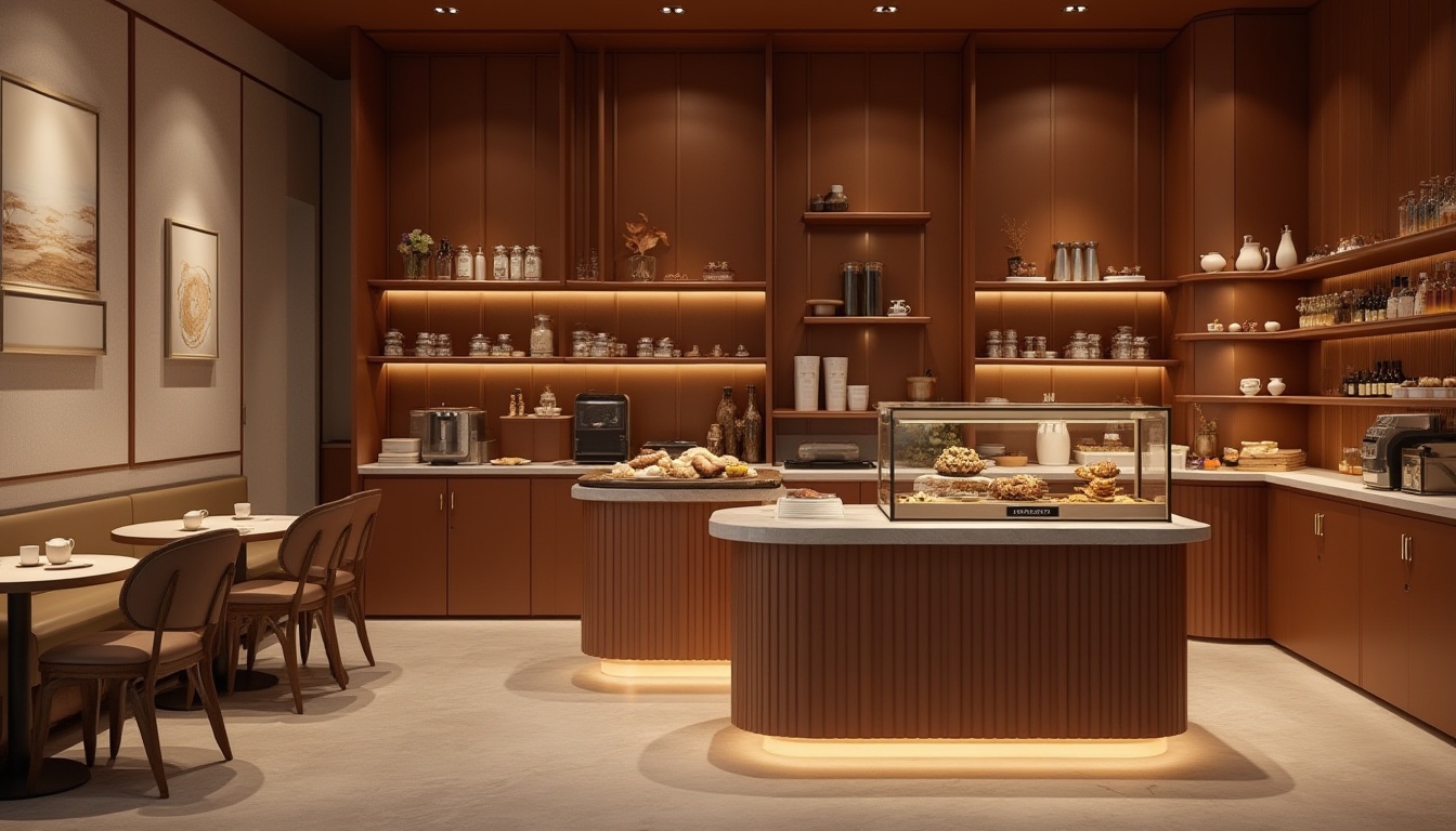 Prompt: Rich chocolate brown walls, creamy beige accents, warm golden lighting, velvety smooth textures, luxurious modern interior design, sleek minimalist furniture, indulgent dessert displays, aromatic coffee scents, inviting cozy atmosphere, shallow depth of field, 1/1 composition, soft focus, realistic rendering.