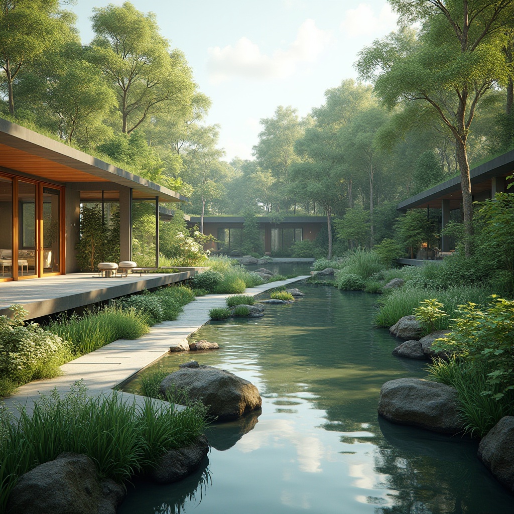 Prompt: Harmonious landscape integration, serene natural surroundings, lush greenery, meandering walkways, vibrant flowers, soothing water features, tranquil ponds, majestic trees, seamless architecture transitions, modern building design, large windows, sliding glass doors, minimalistic interior decor, ambient lighting, shallow depth of field, 3/4 composition, panoramic view, realistic textures, ambient occlusion.