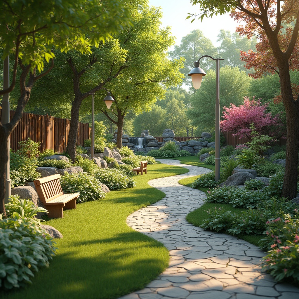 Prompt: Serenely curved pathways, lush green lawns, vibrant blooming flowers, natural stone retaining walls, wooden benches, birdhouses, bird feeders, ornamental ponds, small waterfalls, native plants, rustic wooden fences, modern outdoor lighting, warm sunny day, soft diffused light, shallow depth of field, 3/4 composition, panoramic view, realistic textures, ambient occlusion.