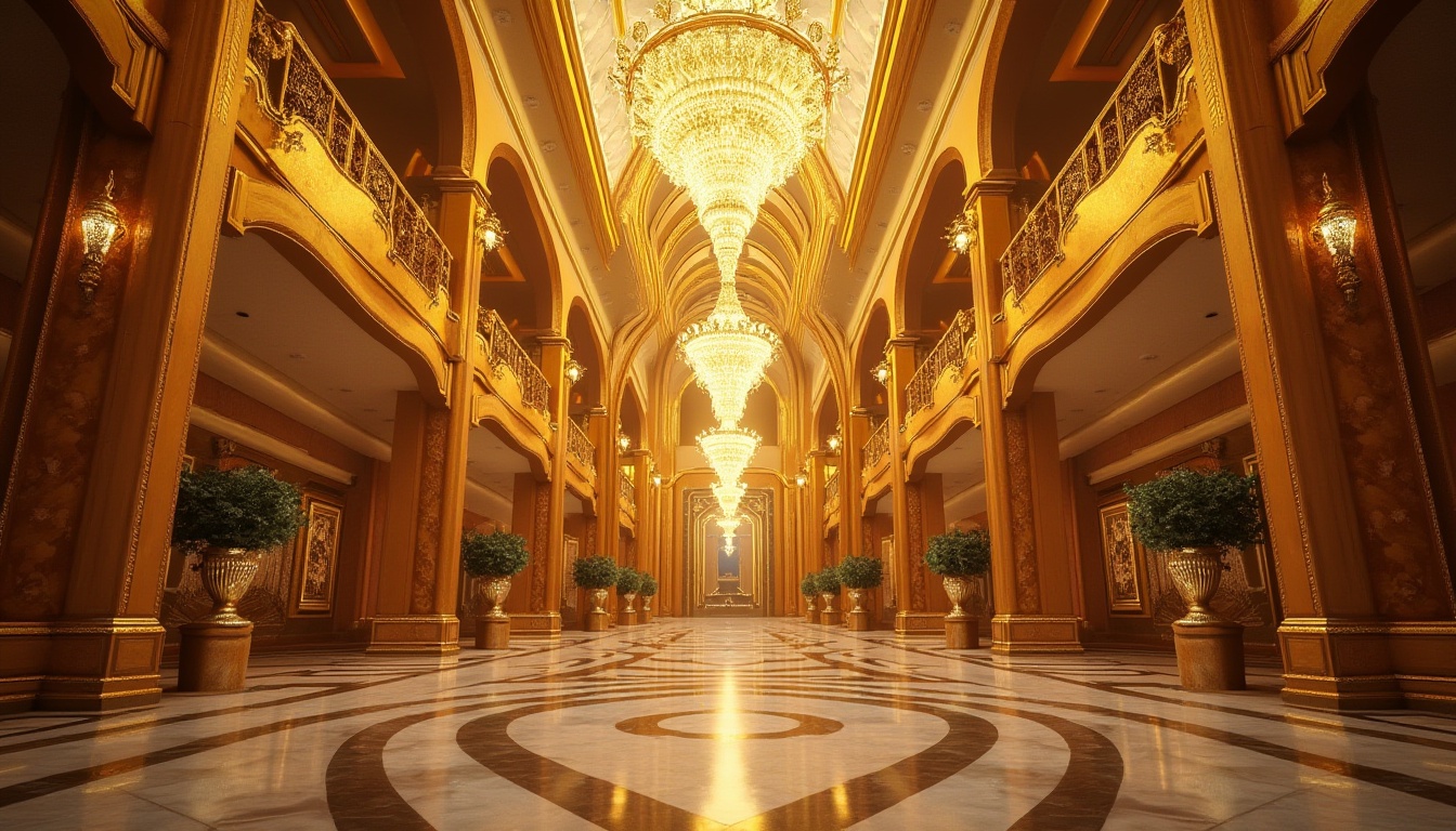 Prompt: Luxurious golden skyscraper, ornate Art Deco details, gleaming metallic accents, sun-kissed warm tones, reflective glass surfaces, curved lines, grand entranceways, opulent lobby spaces, marble floors, intricate patterns, lavish chandeliers, dramatic uplighting, shallow depth of field, 1/2 composition, cinematic lighting, realistic textures, ambient occlusion.