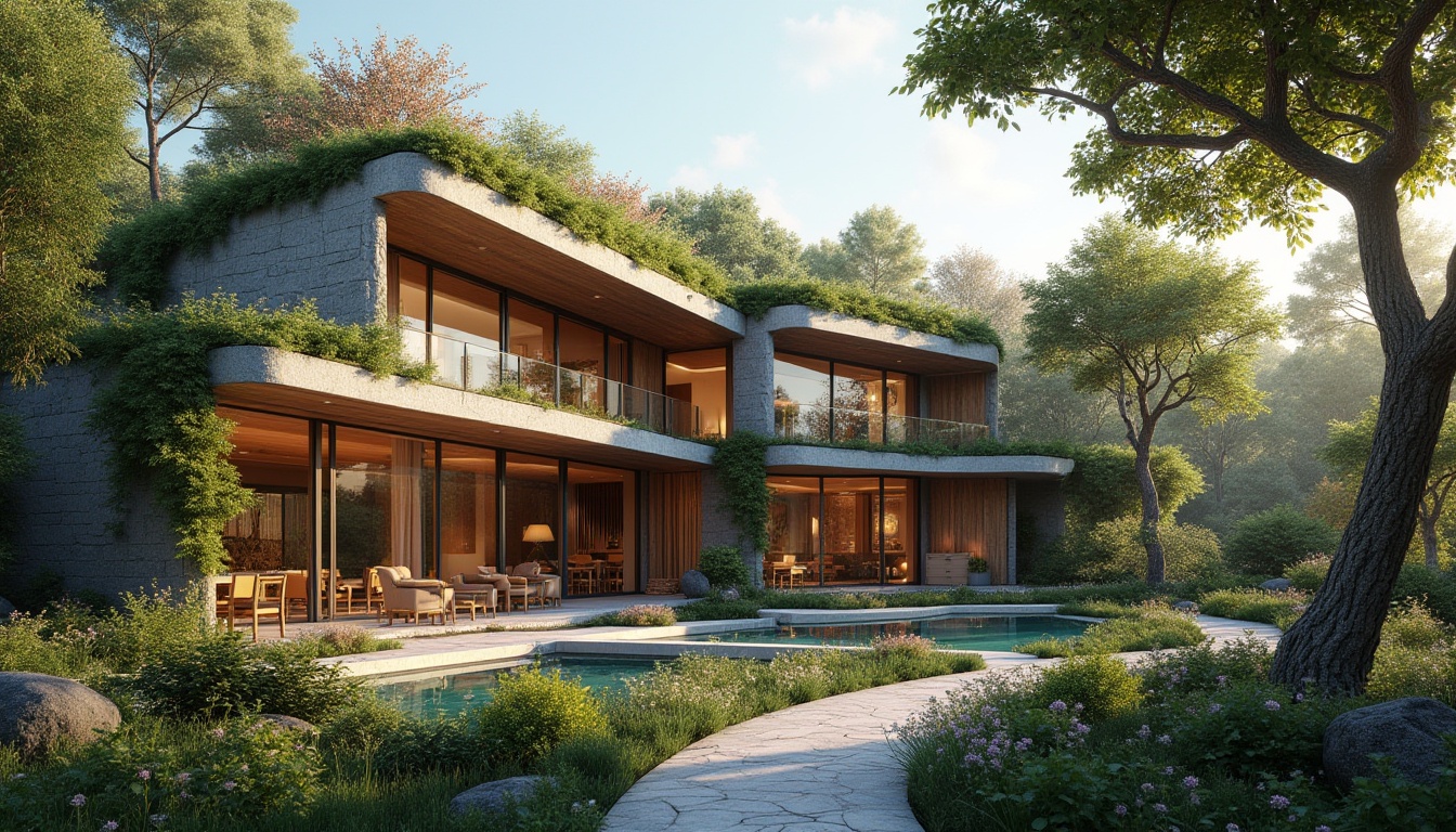 Prompt: Harmonious building facade, curved lines, green roofs, living walls, natural stone cladding, wood accents, large windows, sliding glass doors, seamless indoor-outdoor transition, surrounding lush vegetation, blooming flowers, trees with twisted branches, meandering pathways, serene water features, subtle lighting, warm ambiance, cozy outdoor seating areas, 1/1 composition, atmospheric perspective, soft focus, vibrant colors.