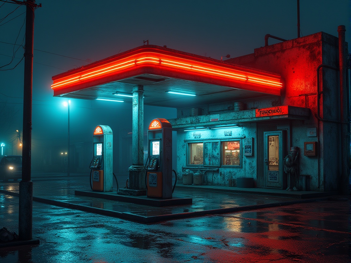 Prompt: Neon-lit gas station, retro-futuristic architecture, bold geometric shapes, metallic surfaces, industrial pipes, distressed concrete walls, vibrant neon signs, electric blue accents, fiery orange hues, deep black shadows, misty atmospheric lighting, cinematic composition, high contrast ratio, gritty textures, realistic reflections.Please let me know if this meets your requirements!