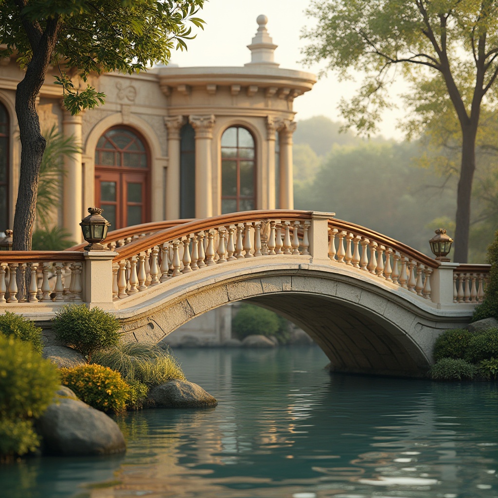 Prompt: Majestic neoclassical bridge, warm beige stone arches, soft cream-colored balustrades, rich brown wooden railings, elegant bronze lanterns, subtle rusticated stonework, ornate gold accents, lush greenery, serene water reflections, misty morning light, warm sunny day, shallow depth of field, 1/2 composition, realistic textures, ambient occlusion.