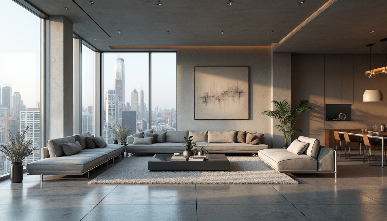 Prompt: Minimalist living room, sleek low-profile furniture, monochromatic color scheme, polished concrete floors, floor-to-ceiling windows, natural light pouring in, urban cityscape views, modern art pieces, geometric patterns, industrial metal accents, luxurious velvet textiles, ambient soft lighting, 1/1 composition, shallow depth of field, realistic reflections, clean lines, open-plan layout, functional zones, flexible spaces, futuristic vibe.