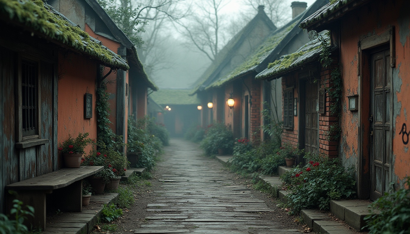 Prompt: Rustic wooden planks, weathered stone walls, distressed metal sheets, vintage brick facades, peeling paint, faded signage, moss-covered roofs, overgrown gardens, eerie foggy atmosphere, soft warm lighting, shallow depth of field, 3/4 composition, realistic textures, ambient occlusion.