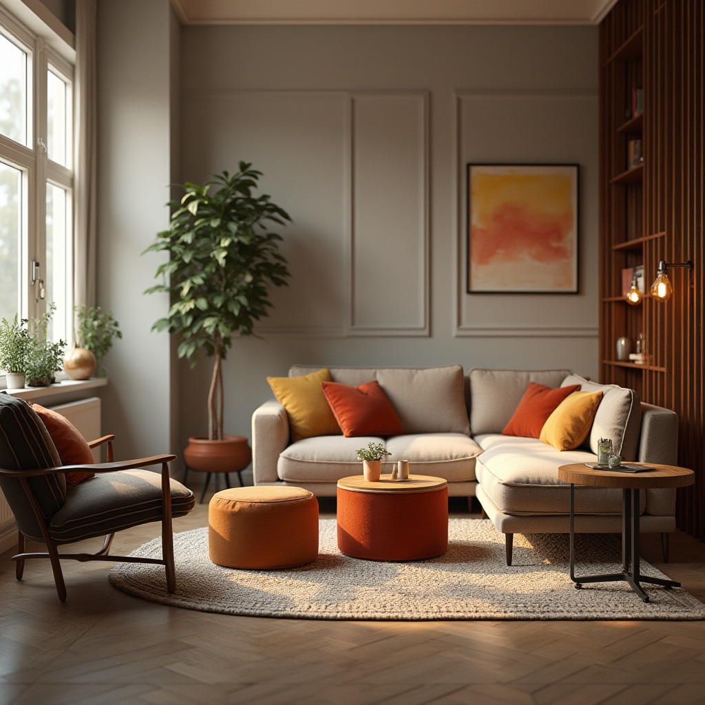 Prompt: Cozy living room, plush sofas, vibrant accent pillows, wooden coffee tables, soft warm lighting, textured rugs, comfortable ottomans, modern minimalist chairs, elegant side tables, luxurious velvet fabrics, sleek metal legs, sturdy wooden frames, ergonomic design, relaxation ambiance, calming color scheme, 1/1 composition, shallow depth of field, realistic textures.