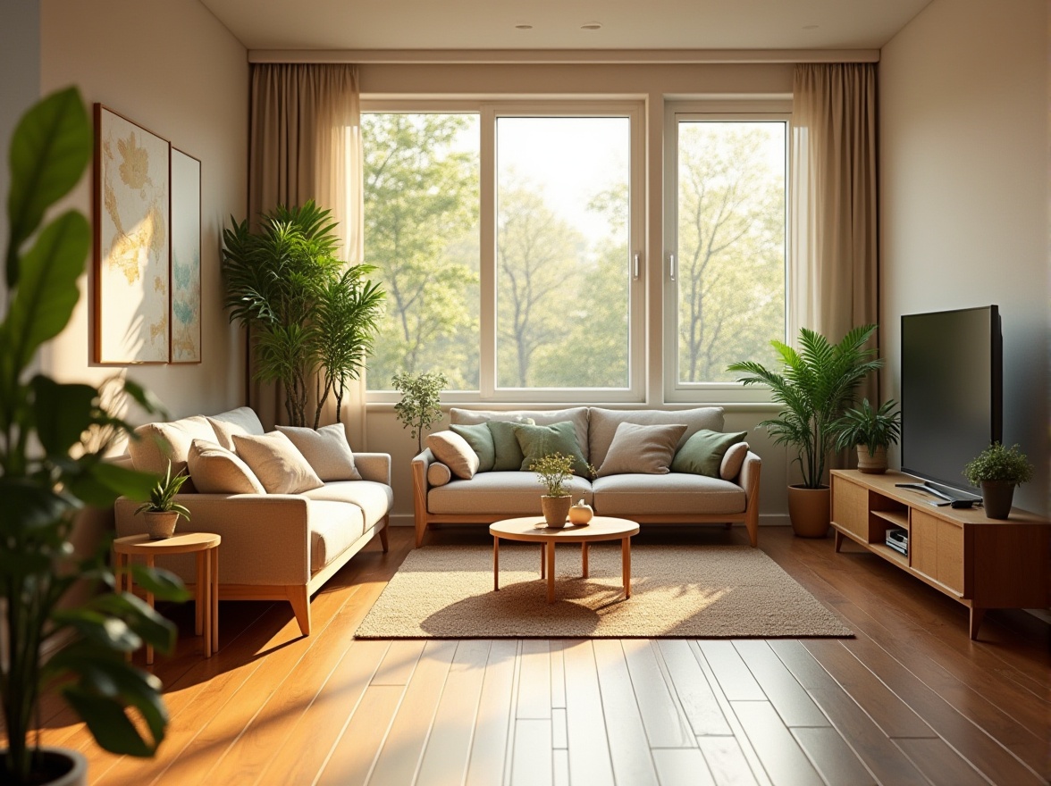 Prompt: Vibrant living room, floor-to-ceiling windows, soft warm daylight, indirect natural light, comfortable seating area, cozy atmosphere, wooden flooring, earthy color palette, lush greenery, potted plants, modern minimalist decor, simple lines, clean aesthetic, bright accent walls, airy feel, 1/2 composition, shallow depth of field, realistic textures, ambient occlusion.