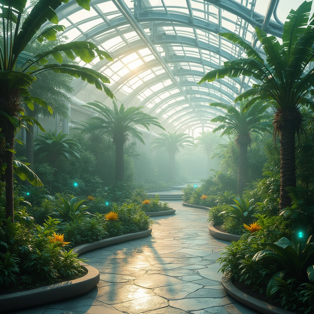 Prompt: Futuristic greenhouse, lush tropical vegetation, misty atmosphere, hydroponic systems, aerodynamic curves, transparent domes, solar panels, ambient lighting, natural stone pathways, futuristic benches, minimalist planters, organic forms, bioluminescent accents, iridescent colors, holographic displays, augmented reality interfaces, panoramic views, 3/4 composition, shallow depth of field, soft warm lighting, realistic textures, ambient occlusion.