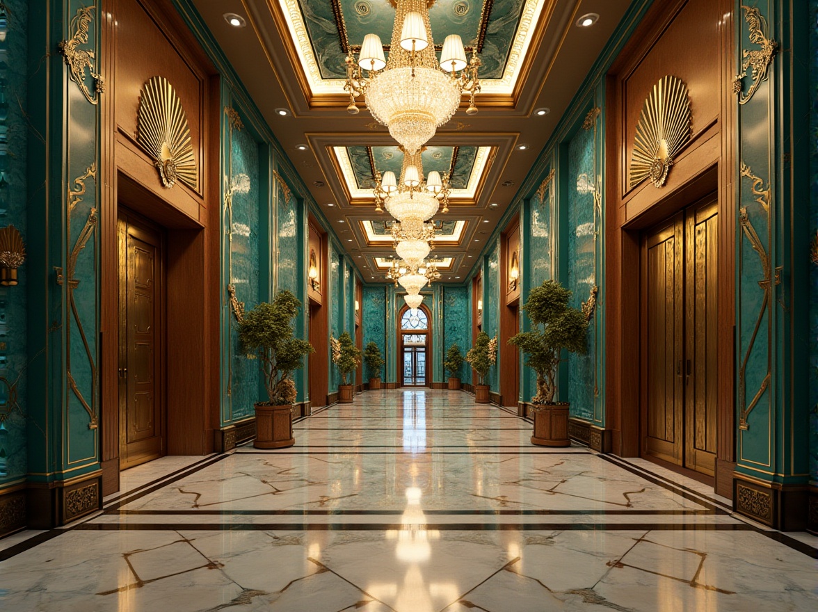 Prompt: Luxurious Art Deco building, ornate metalwork, geometric patterns, vibrant turquoise accents, symmetrical compositions, opulent marble floors, grand entranceways, intricate moldings, metallic leaf motifs, sunburst designs, zigzag patterns, bold typography, luxurious textiles, lavish chandeliers, warm golden lighting, shallow depth of field, 1/1 composition, cinematic perspective, realistic reflections, ambient occlusion.