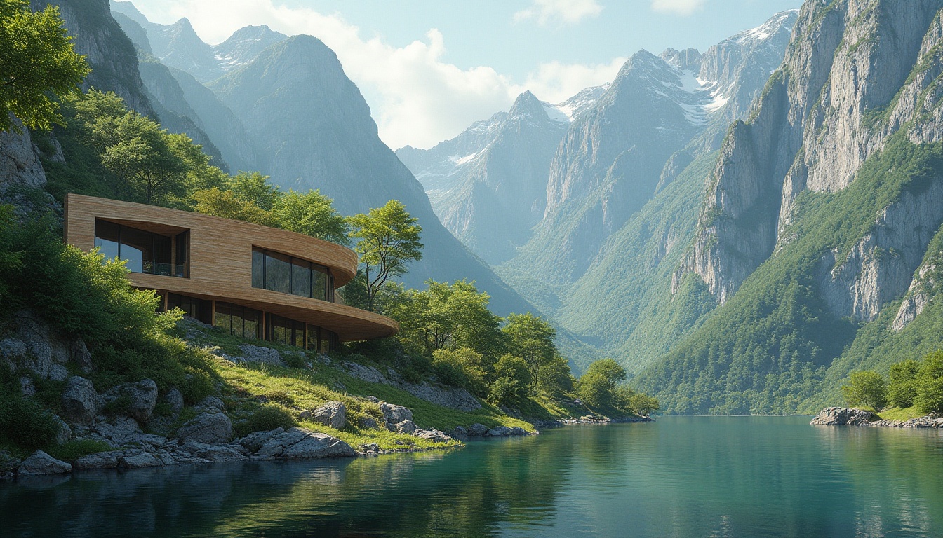 Prompt: Mountainous landscape, rugged terrain, serene lakeside, lush greenery, towering trees, meandering streams, modern architecture, curved lines, angular forms, cantilevered structures, large windows, glass facades, minimalist design, sustainable materials, eco-friendly buildings, harmonious integration, seamless transitions, natural stone walls, wooden accents, vibrant flora, warm sunlight, soft shadows, 3/4 composition, panoramic view, realistic textures, ambient occlusion.