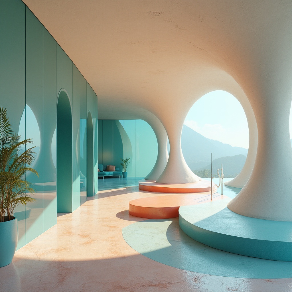 Prompt: Vibrant modern design, bold bright colors, pastel hues, contrasting shades, harmonious palette, warm beige tones, cool blue undertones, rich turquoise accents, metallic silver highlights, sleek glass surfaces, futuristic architecture, minimalist decor, ambient lighting, shallow depth of field, 3/4 composition, panoramic view.