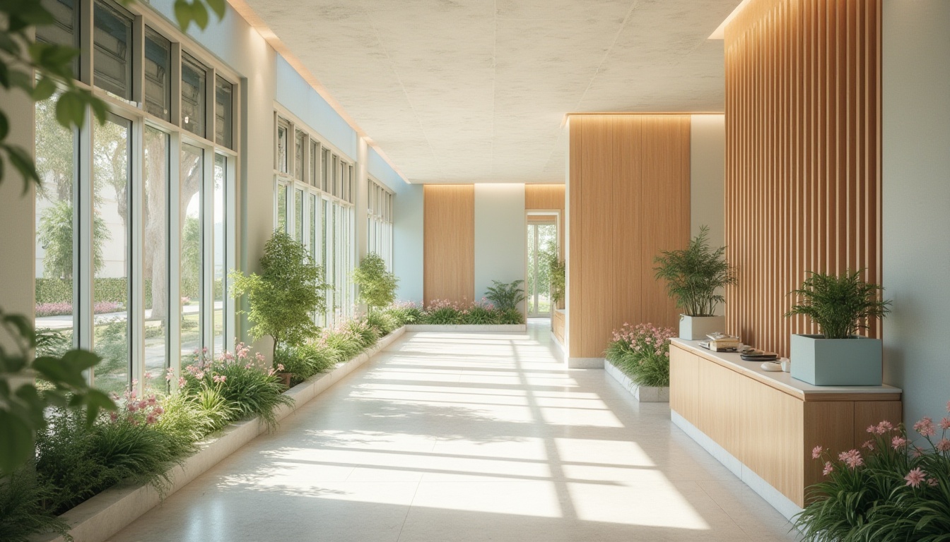 Prompt: Calming healthcare facility, soft pastel colors, serene atmosphere, natural materials, wooden accents, gentle lighting, warm beige tones, soothing blue hues, creamy whites, subtle texture patterns, minimalist decor, clean lines, modern architecture, large windows, abundant natural light, peaceful outdoor spaces, lush greenery, vibrant flowers, healing gardens, calming water features, shallow depth of field, 3/4 composition, realistic textures, ambient occlusion.