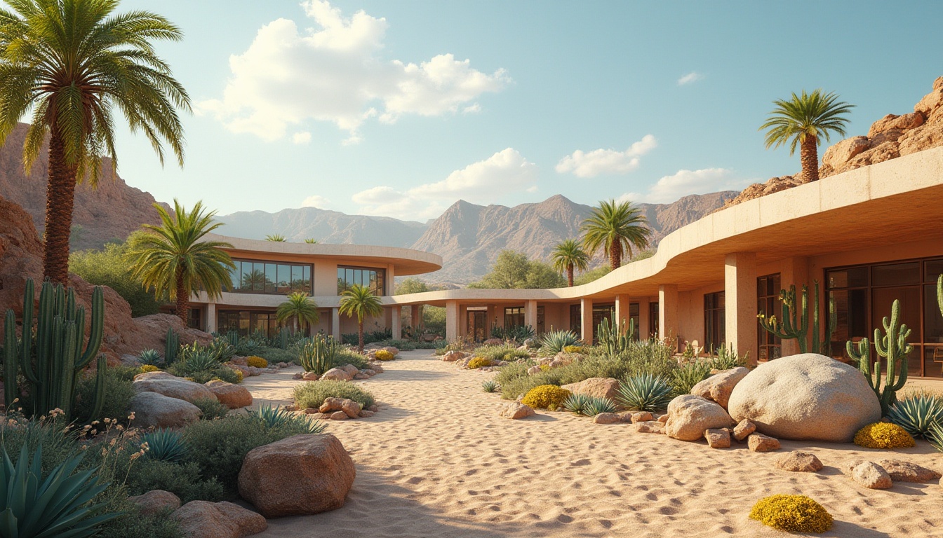 Prompt: Desert oasis, arid landscape, cactus gardens, succulent species, sandy dunes, rock formations, xeriscaping, drought-resistant plants, desert wildflowers, educational signage, interactive exhibits, modern architecture, curved lines, metal accents, large windows, natural light, minimalist design, sustainable energy solutions, solar panels, water conservation systems, green roofs, eco-friendly materials, innovative cooling technologies, shaded outdoor spaces, misting systems, vibrant colorful textiles, intricate geometric motifs.