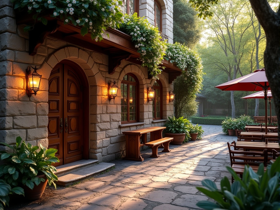 Prompt: Elegant classical pub, rustic stone fa\u00e7ade, ornate wooden doors, lantern-style lighting, lush greenery, blooming flowers, meandering walkways, natural stone patios, serene water features, tranquil ambiance, warm golden lighting, shallow depth of field, 1/1 composition, symmetrical framing, realistic textures, ambient occlusion.