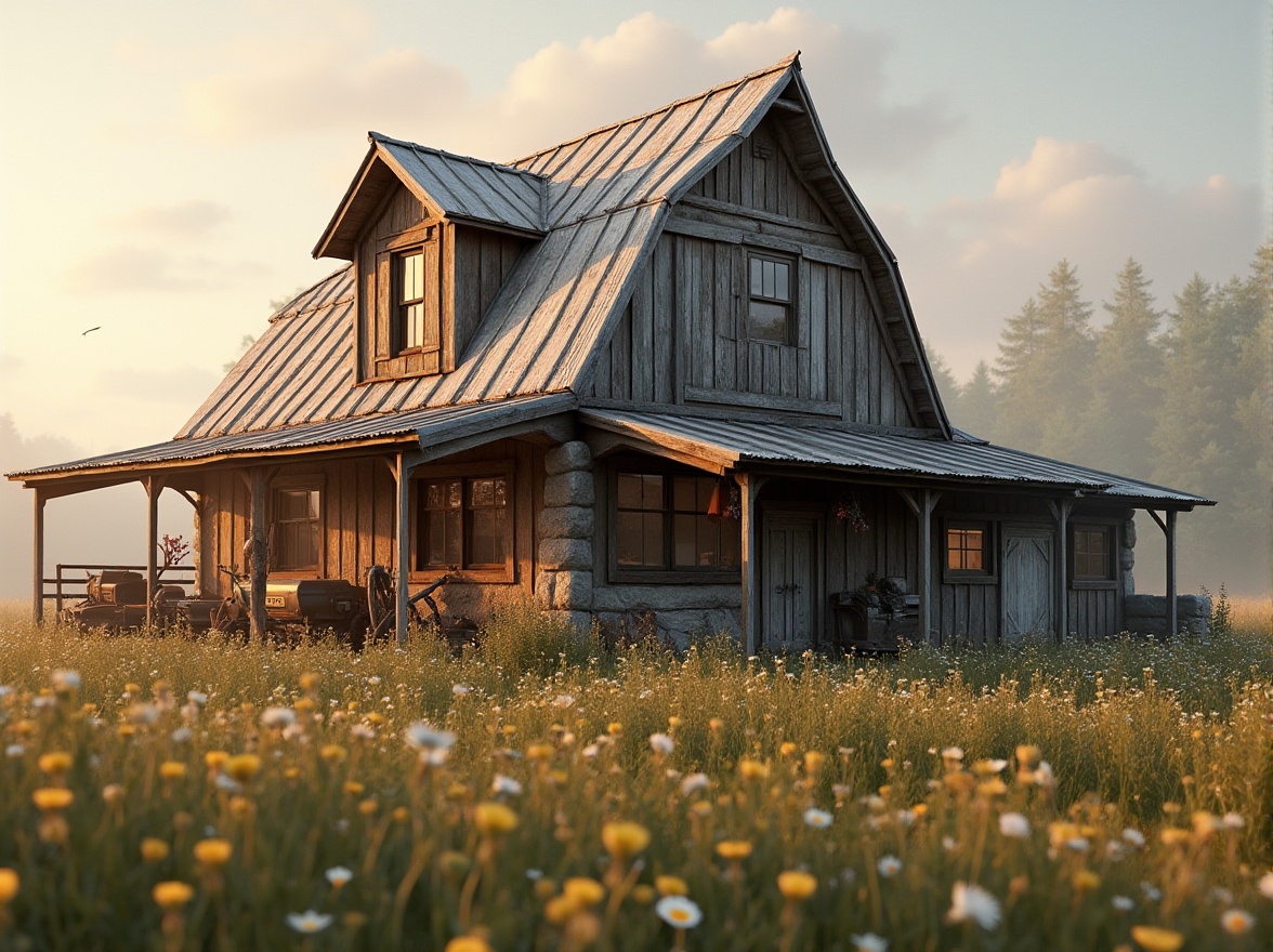 Prompt: Rustic barn, weathered wooden boards, corrugated metal roofs, vintage farm equipment, wildflower fields, soft misty morning, warm golden lighting, shallow depth of field, 1/1 composition, symmetrical view, realistic textures, ambient occlusion, innovative facade design, modern romanticism style, reclaimed wood accents, distressed finishes, earthy color palette, natural stone foundations, decorative metal trims, ornate wooden doors, charming window shutters, whimsical architectural details.