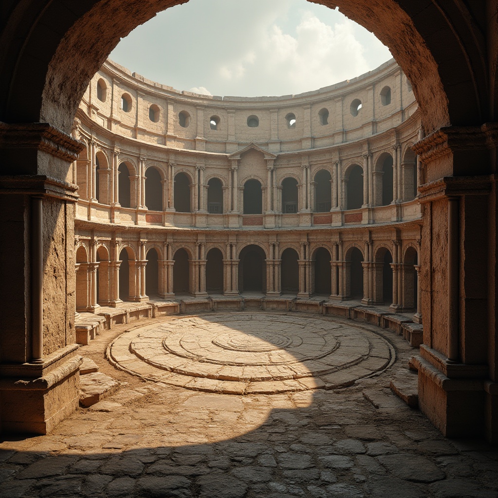 Prompt: Ancient Roman amphitheater, grandiose arches, ornate columns, rusticated stones, tiered seating, elliptical shape, central arena, gladiatorial combat, dramatic lighting, high-contrast shadows, warm earthy tones, weathered stone textures, aged patina, intricate carvings, sculpted reliefs, imposing architecture, symmetrical composition, 1/2 perspective, atmospheric fog, soft warm glow, realistic wear and tear.