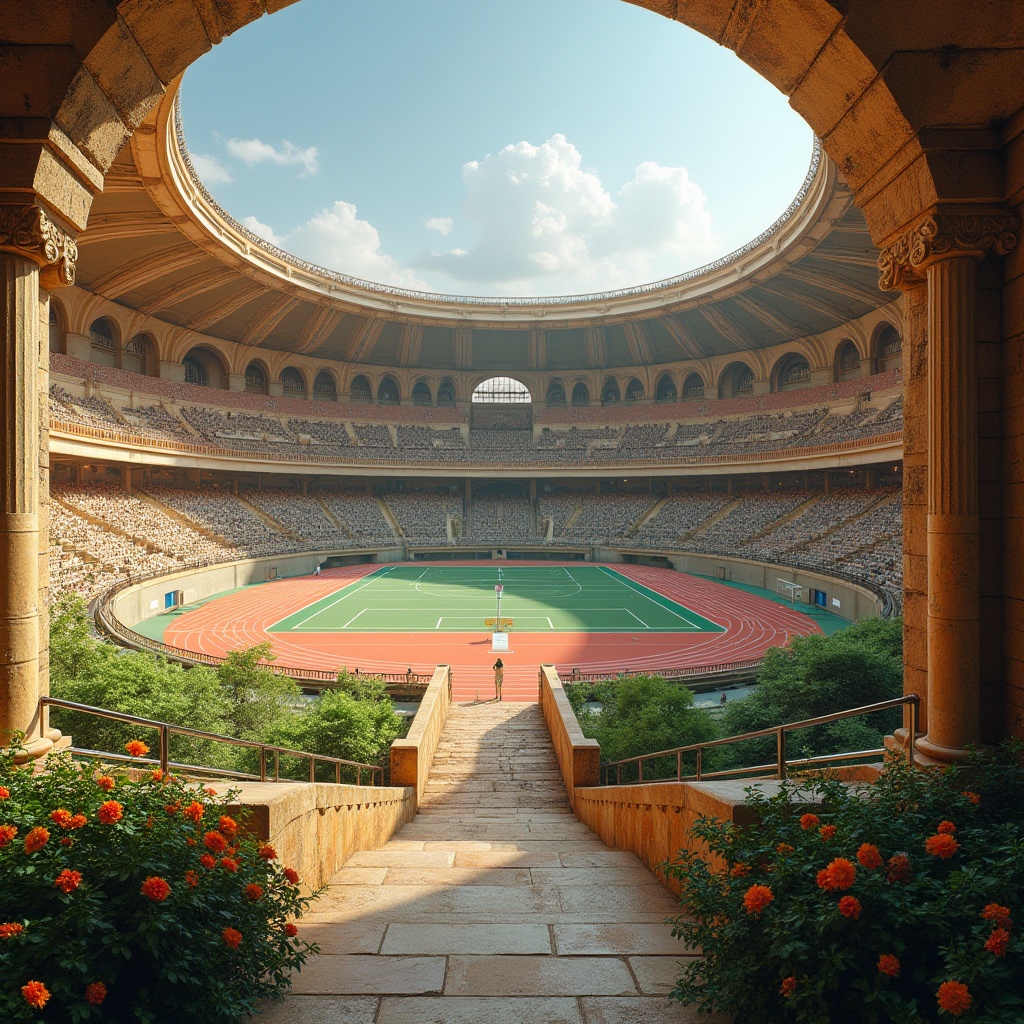 Prompt: Ancient Roman-inspired sports stadium, grandiose arches, ornate columns, rusticated stone walls, terracotta roof tiles, lush greenery, vibrant flowers, athletic tracks, soccer fields, tennis courts, basketball hoops, Olympic-sized swimming pools, spectator seating, historic monument-like architecture, warm beige stonework, aged copper accents, dramatic spotlights, low-angle photography, cinematic composition, realistic textures, ambient occlusion.