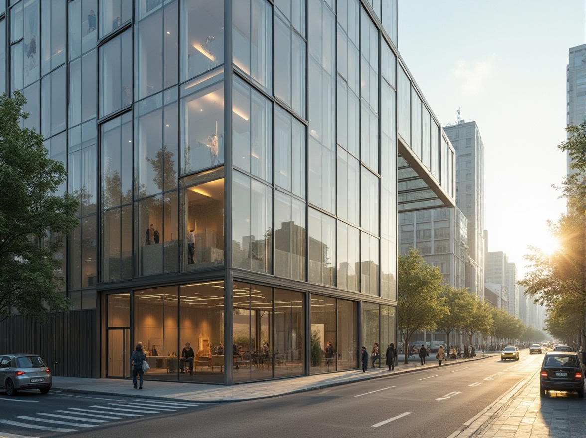 Prompt: Minimalist building facade, translucent glass surfaces, subtle natural light filtering, diffused shadows, sleek metal frames, modern urban landscape, busy city streets, afternoon sunbeams, soft warm lighting, shallow depth of field, 3/4 composition, panoramic view, realistic textures, ambient occlusion.