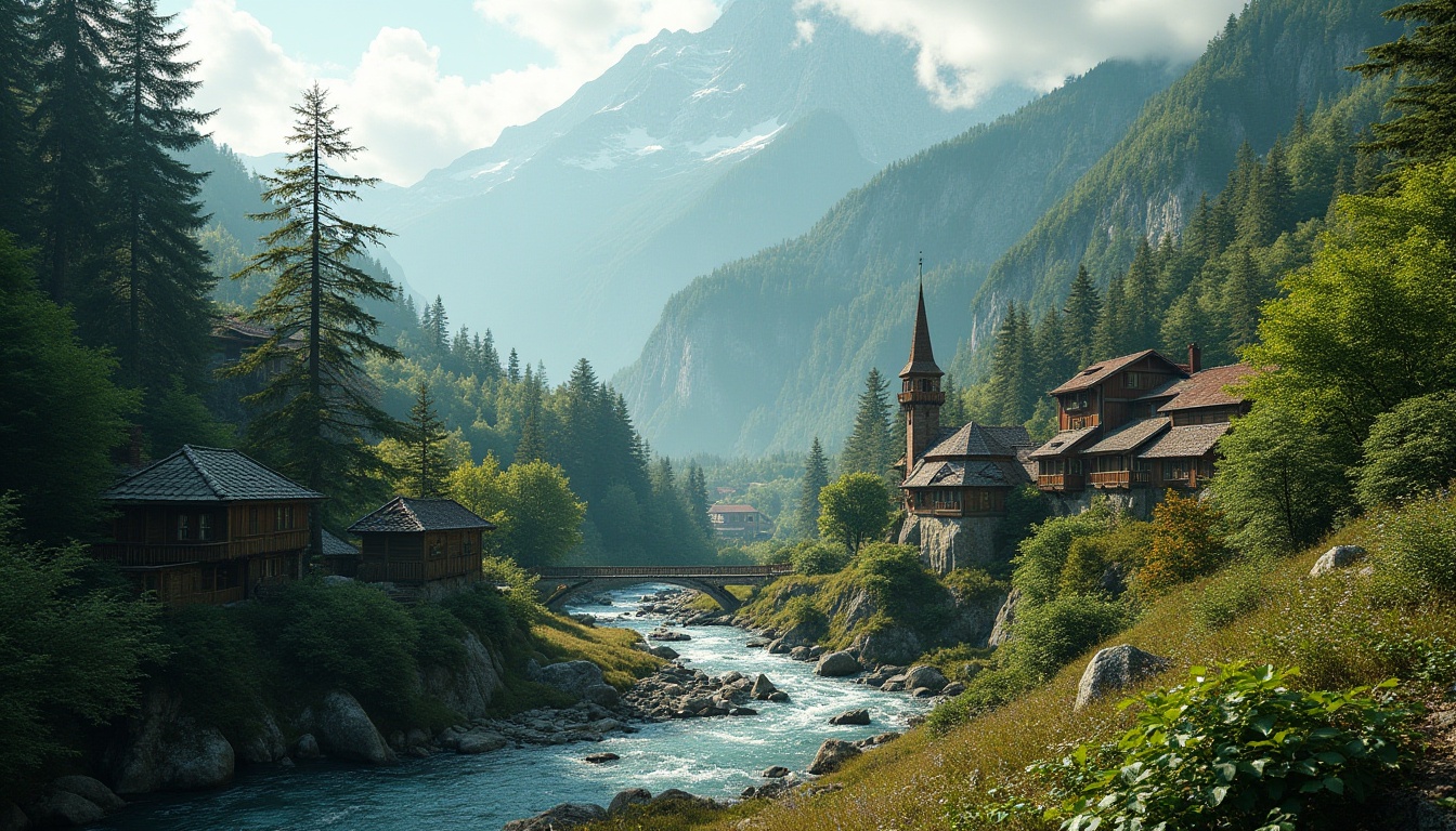 Prompt: Serene mountainous backdrop, lush green forests, winding streams, rustic wooden bridges, natural stone walls, earthy toned buildings, organic curved lines, seamless integration with nature, abundant wildlife, misty mornings, warm sunlight filtering through trees, soft diffused lighting, atmospheric perspective, 1/2 composition, realistic foliage, ambient occlusion.