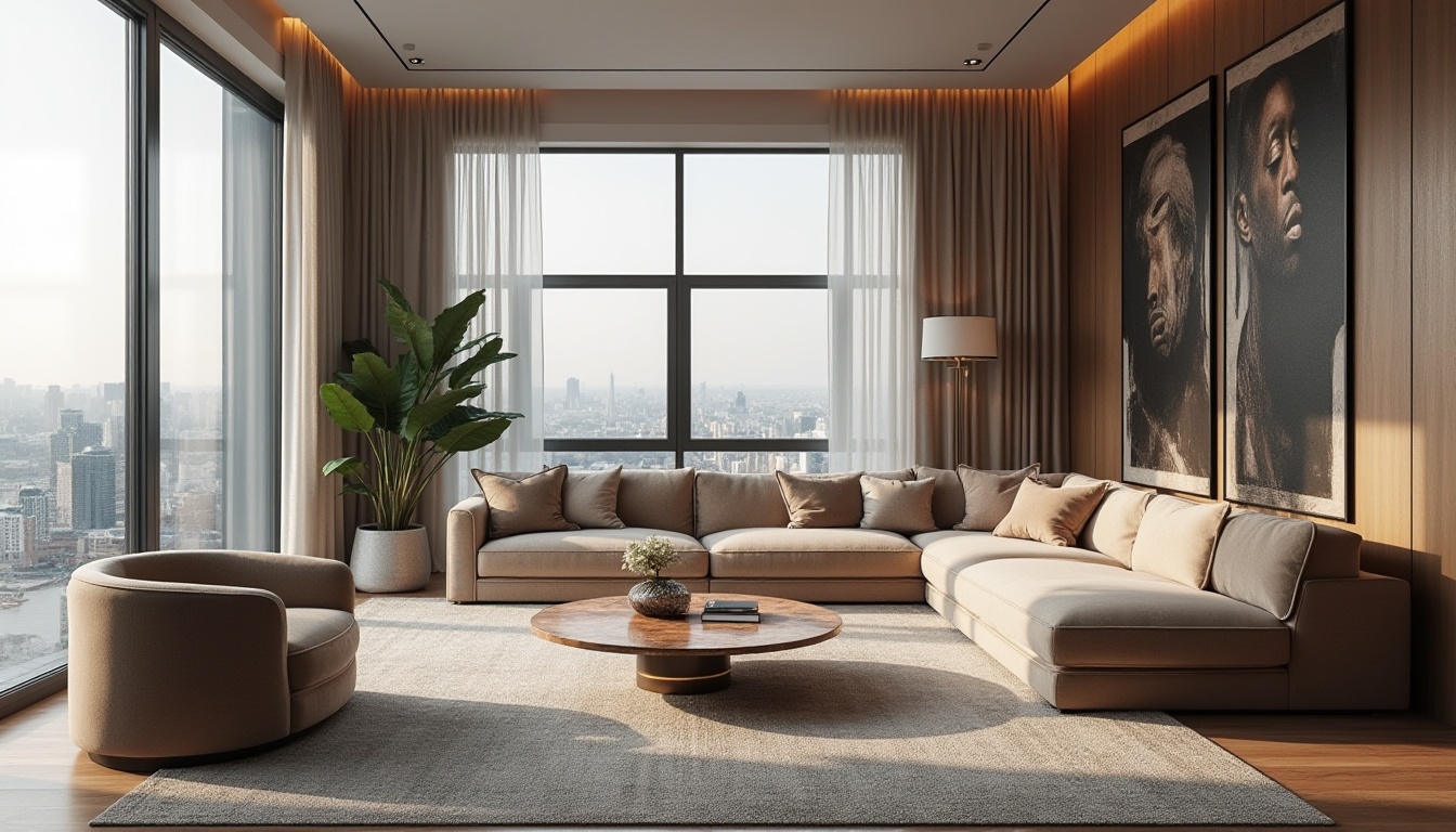 Prompt: Modern luxury living room, sleek minimalist furniture, comfortable sofas, velvet pillows, marble coffee tables, floor-to-ceiling windows, urban city views, soft warm lighting, 1/1 composition, shallow depth of field, realistic textures, ambient occlusion, abstract artwork, geometric patterns, metallic accents, wooden flooring, plush area rugs, concealed storage systems, smart home technology integration.