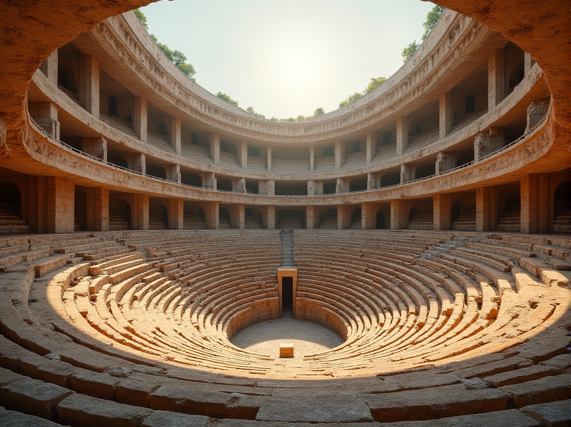 Prompt: Ancient Roman amphitheater, grand stone structures, curved seating areas, ornate archways, acoustic shell designs, tiered audience platforms, natural stone walls, vaulted ceilings, warm golden lighting, soft shadowing, shallow depth of field, 1/2 composition, symmetrical framing, richly textured details, ambient occlusion.