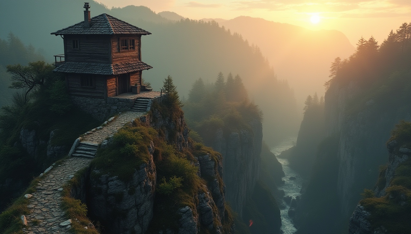 Prompt: Rustic watchtowers, weathered wooden structures, rugged stone foundations, winding staircases, panoramic views, serene natural surroundings, misty mountains, dense forests, sparkling waterfalls, moss-covered stones, overgrown vegetation, eerie silence, warm sunset lighting, high-angle shot, dramatic composition, atmospheric fog, mysterious ambiance, earthy tones, organic textures.