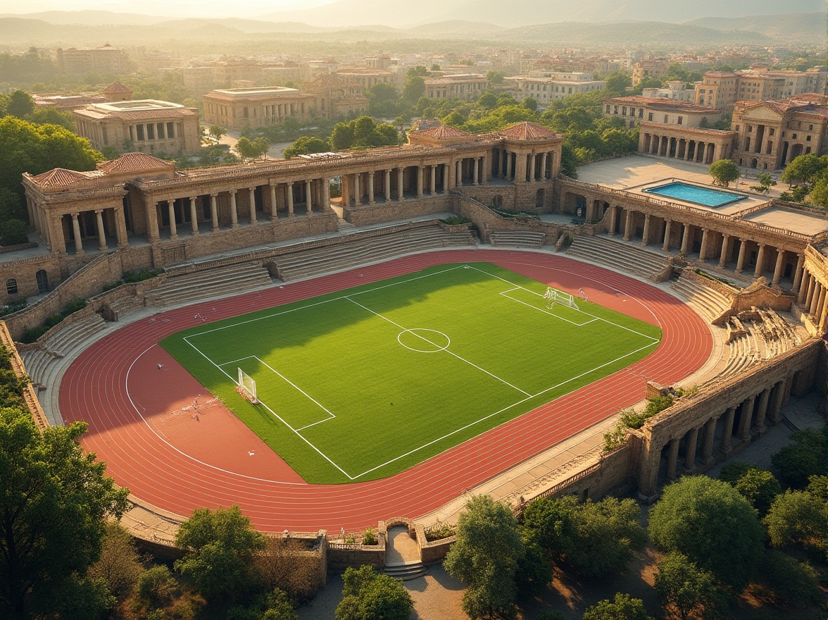 Prompt: Ancient Roman-inspired sports complex, grandiose arches, ornate columns, rusticated stone walls, vibrant green turf, athletic track, football field, soccer goalposts, basketball courts, tennis nets, Olympic-sized swimming pool, spectator seating areas, intricate mosaics, warm golden lighting, dramatic shadows, 1/2 composition, symmetrical architecture, classical sculptures, ornamental fountains, lush Mediterranean landscaping, sunny afternoon, soft focus background.