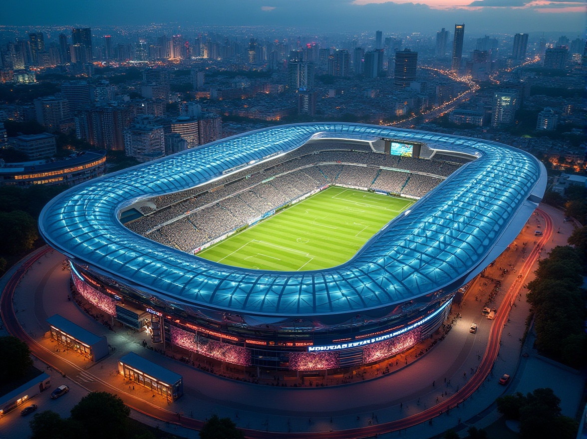 Prompt: Dynamic football stadium, sweeping curved lines, cantilevered roofs, transparent glass facades, parametric architecture, futuristic LED lighting, vibrant team color schemes, undulating seating areas, green roofs, solar panels, rainwater harvesting systems, modern metallic materials, aerodynamic shapes, wind-resistant structures, panoramic city views, dramatic nighttime illuminations, shallow depth of field, 1/1 composition, realistic reflections, ambient occlusion.