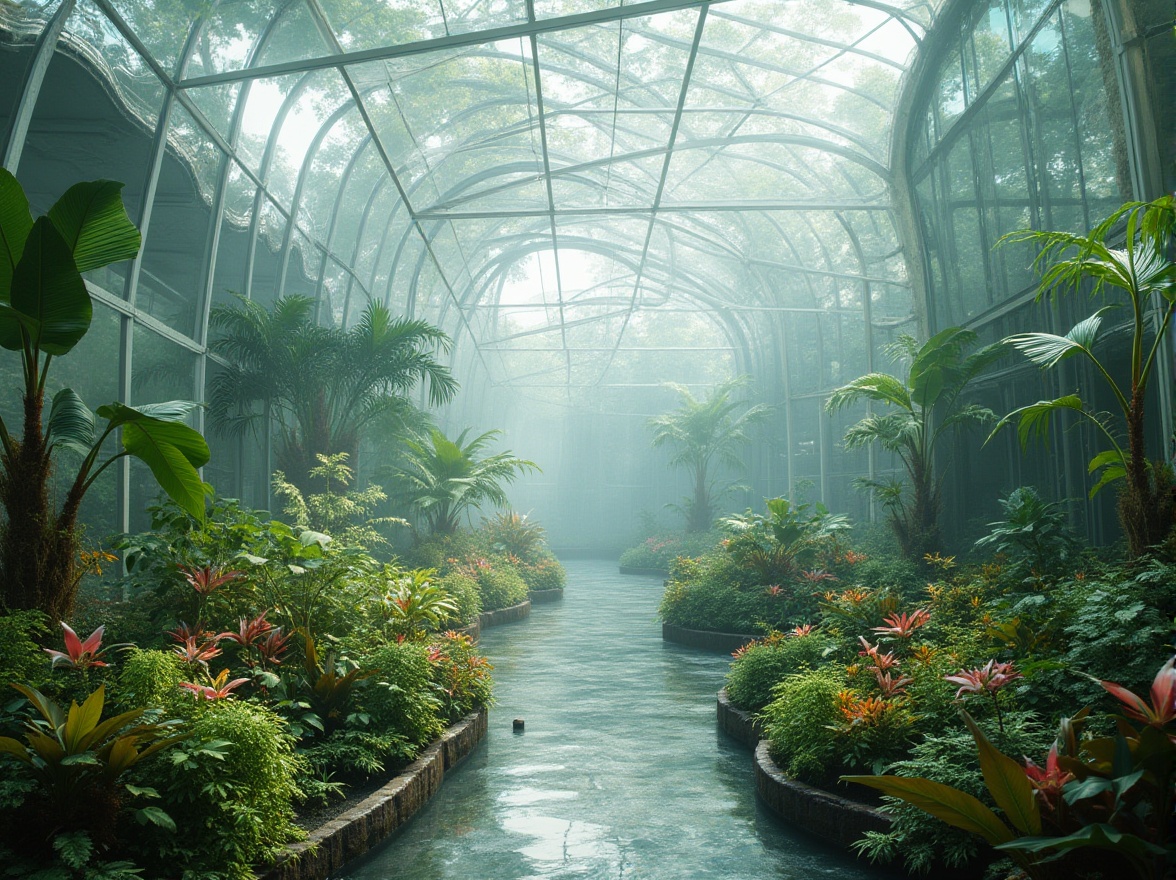 Prompt: Futuristic greenhouse, lush tropical vegetation, exotic flowers, misty atmosphere, iridescent glass domes, curved metallic structures, sustainable energy harvesting systems, solar panels, wind turbines, hydroponic farming systems, aerodynamic water features, organic architecture, bioluminescent lighting, soft diffused natural light, shallow depth of field, 1/1 composition, symmetrical view, realistic textures, ambient occlusion.