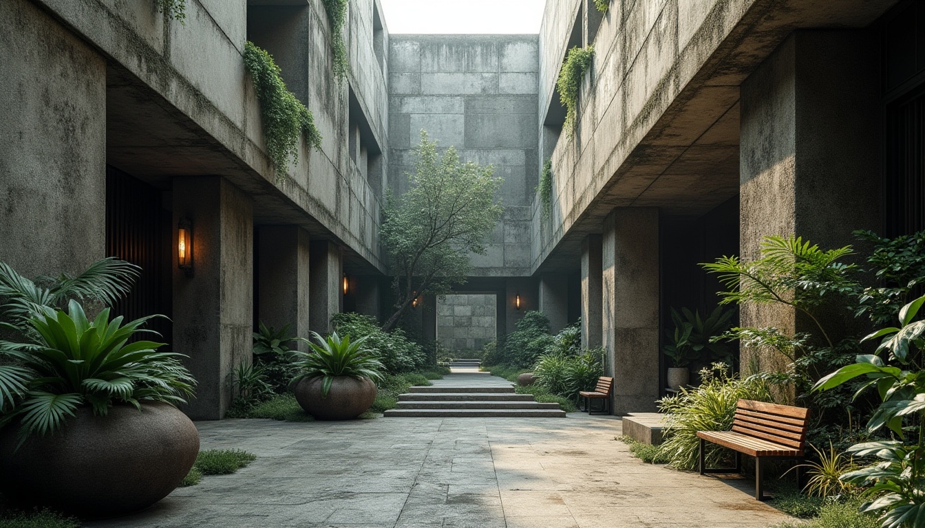 Prompt: Rugged brutalist architecture, industrial-style concrete walls, raw unfinished surfaces, angular lines, fortress-like structures, urban jungle setting, dense foliage, oversized planters, succulent plants, moss-covered walls, weathered steel accents, reclaimed wood benches, modern outdoor lighting, dramatic shadows, high contrast textures, moody atmospheric effects, cinematic composition, 3/4 framing, abstract expressionist brushstrokes.