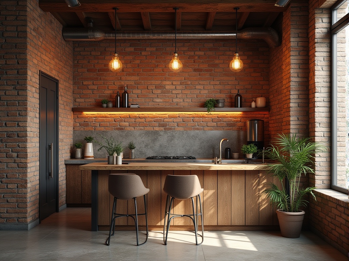 Prompt: Rustic brick walls, distressed finishes, earthy tones, natural stone textures, rough-hewn wood accents, industrial chic decor, exposed ductwork, urban loft atmosphere, warm ambient lighting, shallow depth of field, 3/4 composition, realistic materials, ambient occlusion.