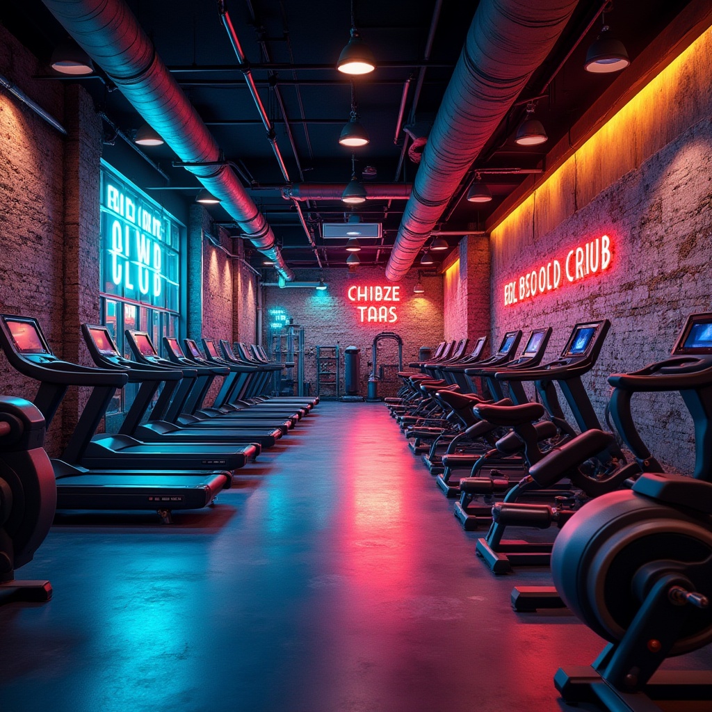 Prompt: Vibrant fitness club, energetic atmosphere, bold color scheme, bright neon lights, dynamic accent walls, metallic equipment, sleek floors, motivational quotes, modern minimalist design, industrial-chic aesthetic, exposed brick walls, urban loft vibe, high-contrast lighting, intense workout zones, cool blue tones, fiery red accents, energizing yellow hues, refreshing green colors, natural wood textures, rustic metal details, geometric patterns, abstract art installations, futuristic LED lights, high-energy ambiance.