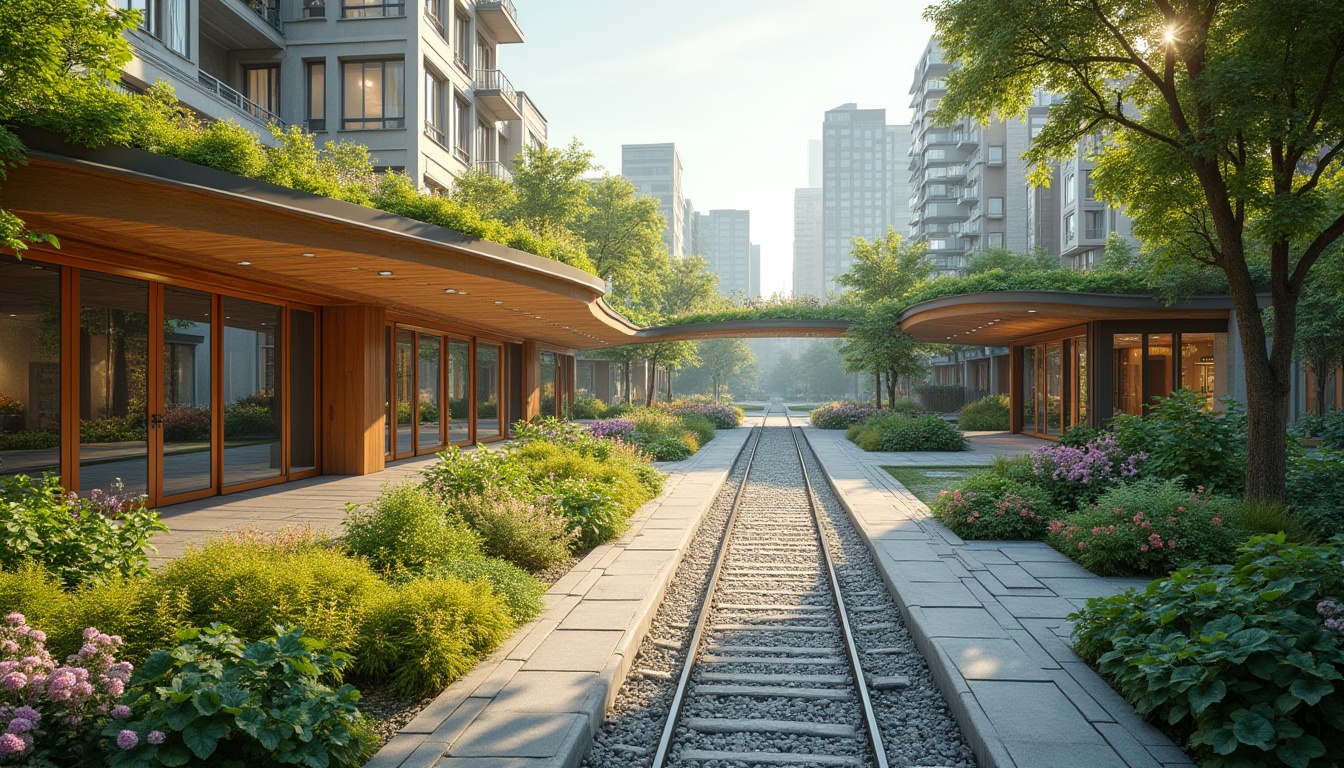 Prompt: Vibrant tram station, lush green roofs, natural stone walls, wooden accents, modern architecture, large glass windows, sliding doors, bustling urban atmosphere, morning sunlight, soft warm lighting, shallow depth of field, 3/4 composition, panoramic view, realistic textures, ambient occlusion, integrated landscape design, native plant species, urban forestry, water features, pedestrian-friendly paths, public art installations, dynamic spatial experiences, futuristic transportation hub.