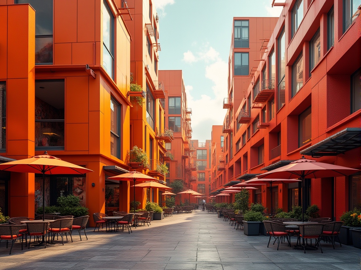 Prompt: Vibrant orange-red buildings, modern dynamic architecture, bold angular lines, metallic accents, warm ambient lighting, shallow depth of field, 3/4 composition, panoramic view, realistic textures, ambient occlusion, urban cityscape, bustling streets, trendy cafes, artistic murals, eclectic street art, lively atmosphere, afternoon sunlight, soft warm shadows.