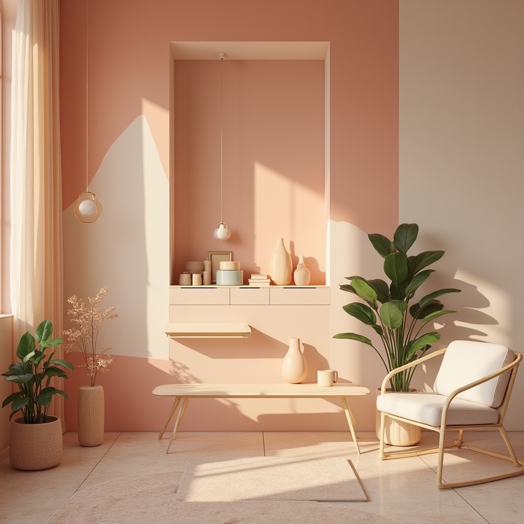 Prompt: Vibrant modern design studio, minimalist aesthetic, pastel color scheme, soft peach tones, creamy whites, rich charcoal accents, bold geometric patterns, sleek metallic surfaces, natural wood textures, ambient warm lighting, shallow depth of field, 1/1 composition, realistic renderings, subtle gradient effects.