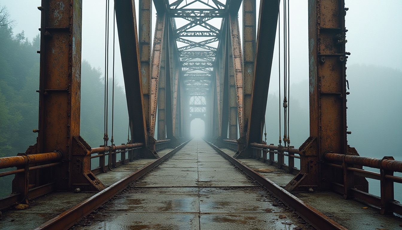 Prompt: Rustic steel bridges, weathered metal beams, sturdy concrete pillars, durable cable wires, reinforced polymer decks, robust foundation systems, natural stone abutments, water-resistant coatings, galvanized railings, corrosion-protected fasteners, misty morning light, shallow depth of field, 2/3 composition, panoramic view, realistic textures, ambient occlusion.