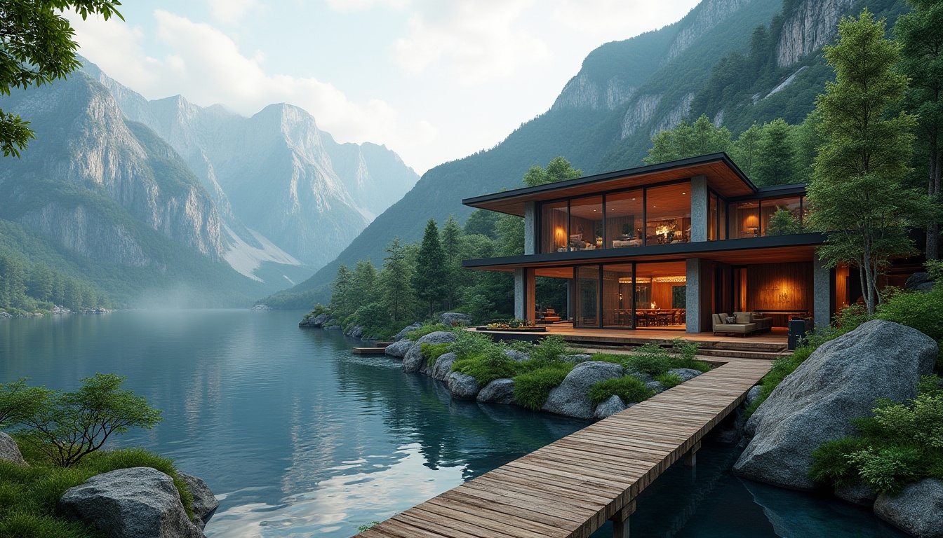 Prompt: Mountainous landscape, serene lake, lush greenery, rustic wooden bridges, natural stone pathways, modern minimalist architecture, cantilevered roofs, large glass windows, sliding doors, open floor plans, cozy fireplaces, warm ambient lighting, shallow depth of field, 3/4 composition, panoramic view, realistic textures, ambient occlusion.Let me know if you need any adjustments!